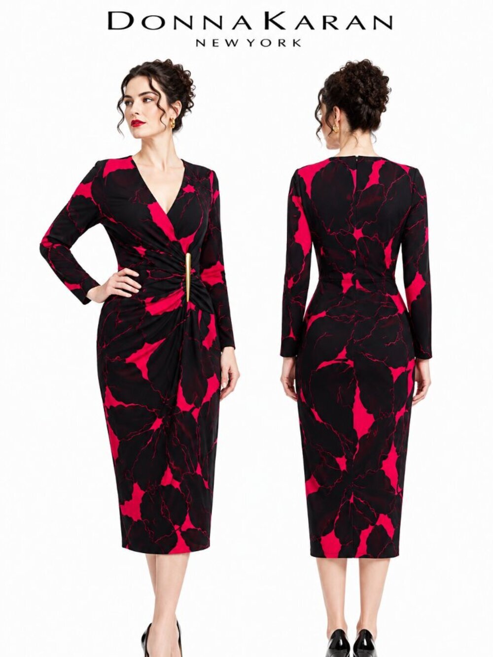 Donna Karan New York Red Black Floral Midi Dress Gold Hardware KA5A32C4 Size 2